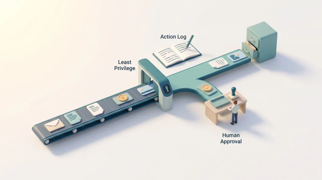 Controls for AI Agent Risks Managing AI agent risks with a least privilege gate, an action log and human approval that diverts sensitive refunds before systems update