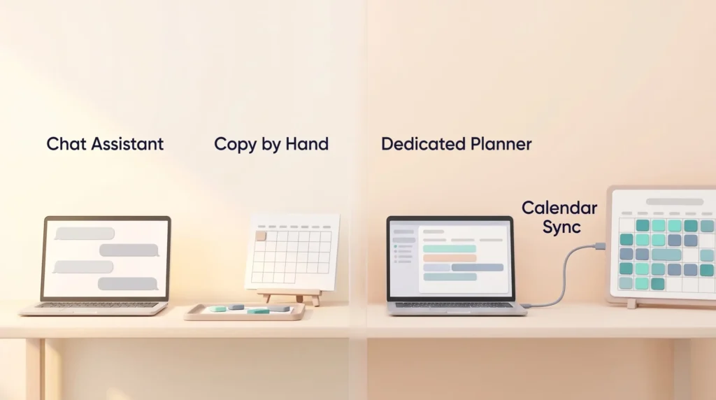 Comparison of a chat assistant, where you copy time blocks by hand, and a dedicated AI planner that fills the calendar through calendar sync.