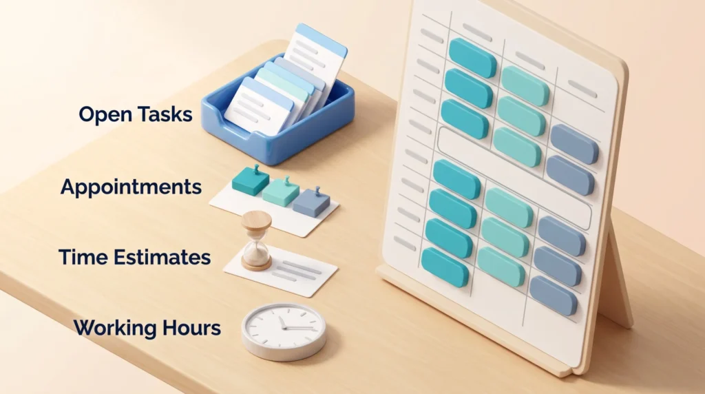 AI daily planning combines open tasks, appointments, time estimates and working hours into one day planner filled with time blocks.