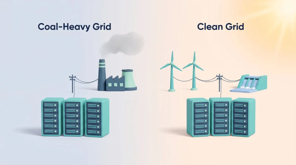 Coal-Heavy vs Clean Grid Emissions Identical data center server racks powered by a coal-heavy grid with a smoking chimney and by a clean grid of wind turbines and a hydro dam