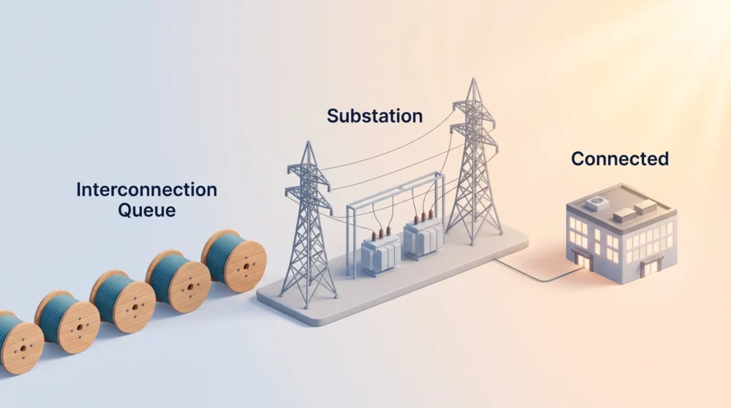 Interconnection Queue Grid Capacity Bottleneck Cable reels waiting in an interconnection queue before a substation, showing grid capacity as the bottleneck for connecting a data center