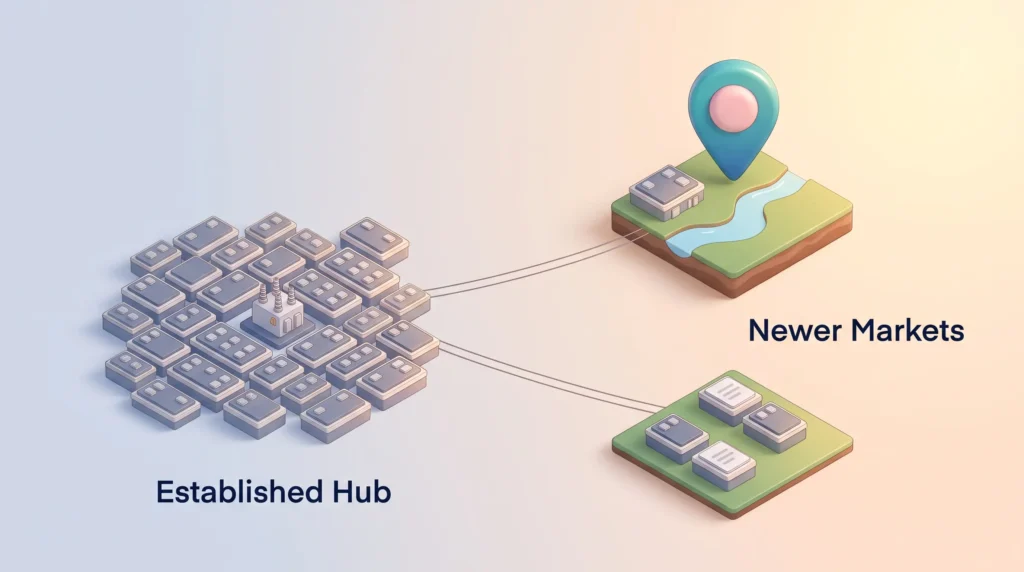 Established Data Center Hub and Newer Markets Dense data center power cluster around one substation in an established hub, with transmission lines reaching newer markets on open land