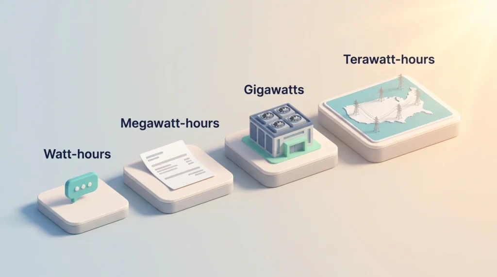 AI Data Center Energy Units Scale AI data center energy on a rising scale from watt-hours for a chat prompt to megawatt-hours, gigawatts and national terawatt-hours
