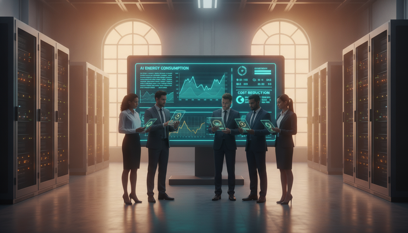 Five professionals with tablets in a server room facing a teal dashboard reading AI energy consumption