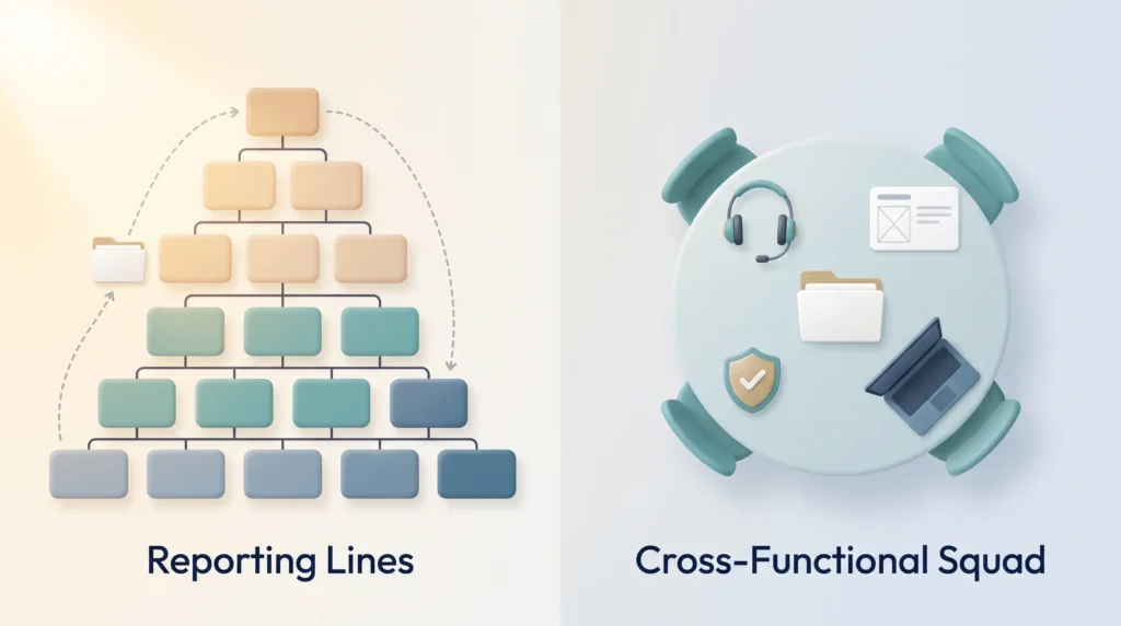 Reporting Lines vs Cross-Functional Squad AI-driven organizational design compared: a decision climbing a layered org chart versus a cross-functional squad sharing one table.