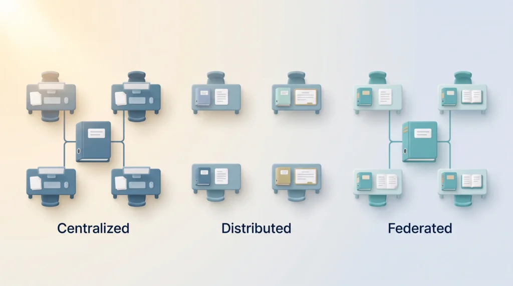 AI Governance Models Compared Three AI governance models side by side: centralized standards, distributed team rulebooks and federated standards with regional variants.