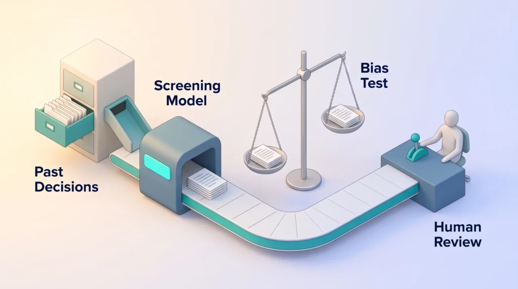AI recruiting workflow where past decisions feed a screening model, followed by a bias test on a balance scale and human review.
