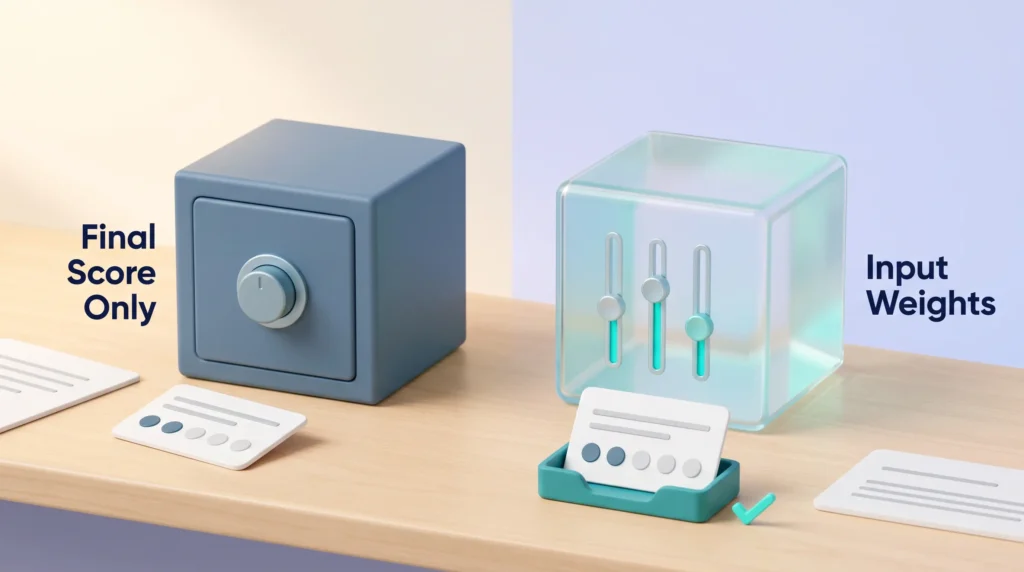 AI performance management comparison: a closed box allowing only final score changes versus a glass cube with adjustable input weights.