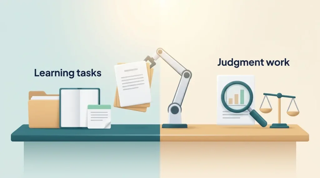 Robotic arm lifting learning tasks off a junior desk while judgment work stays, showing how AI entry-level jobs are changing.