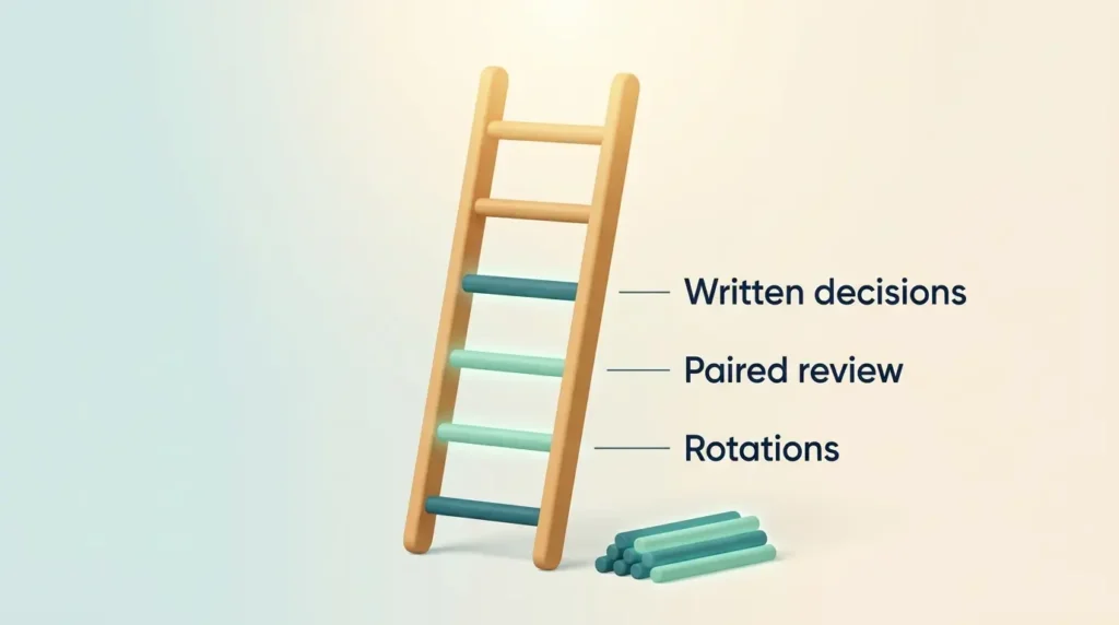 Wooden career ladder with new teal rungs for rotations, paired review and written decisions, the structure employers add for juniors.
