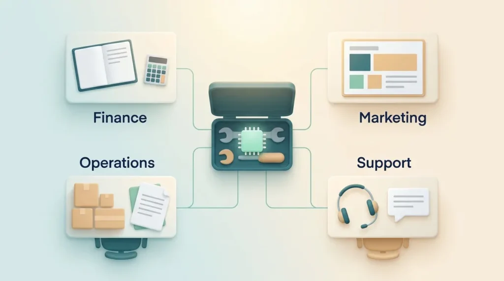 AI toolkit connected to finance, marketing, operations and support desks, showing the AI skills premium reaching beyond tech roles.