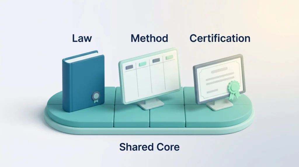 Law, method and certification shown as a book, a planning board and a certificate standing on one shared core of responsible AI practices