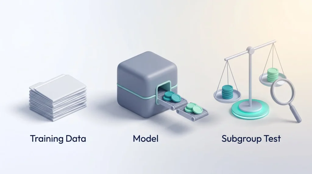Training data feeds a model whose outcomes are split by group and compared on a balance scale, a subgroup test that puts AI ethics principles into practice