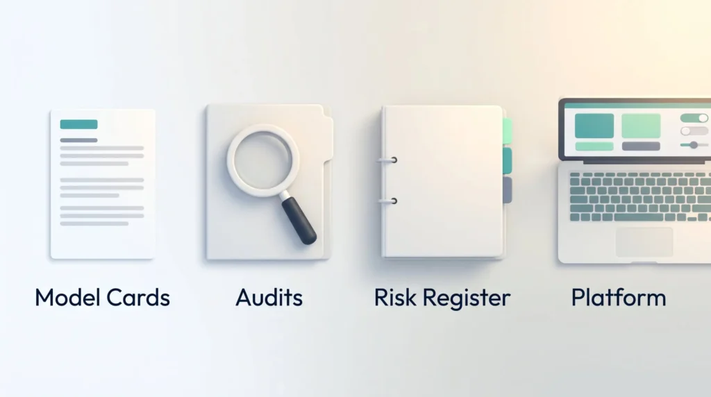 Model cards, audits, a risk register and a governance platform laid out side by side as the core documents of AI risk management