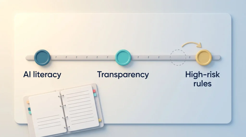 EU AI Rules Timeline for Ethics Officers Timeline of EU AI rules an AI ethics officer tracks: AI literacy, transparency and high-risk rules, whose deadline was moved later.