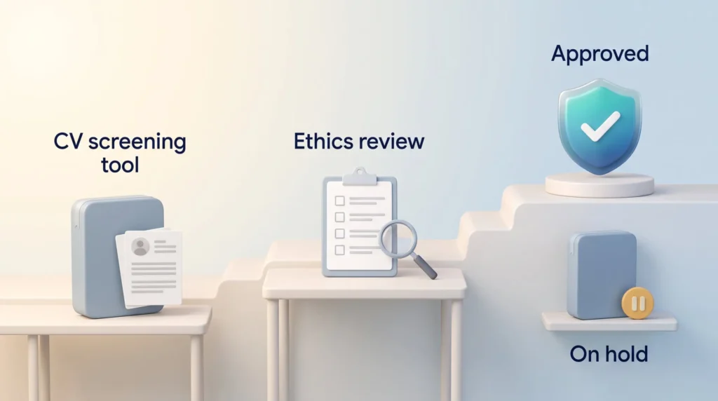AI Ethics Officer Review Process The AI ethics officer role in practice: a CV screening tool goes through an ethics review checklist before it is approved or put on hold.