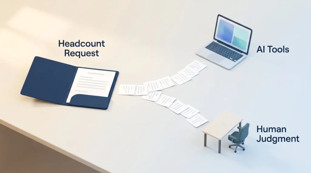 Headcount request split into task cards, some routed to AI tools and others to an empty desk for human judgment.