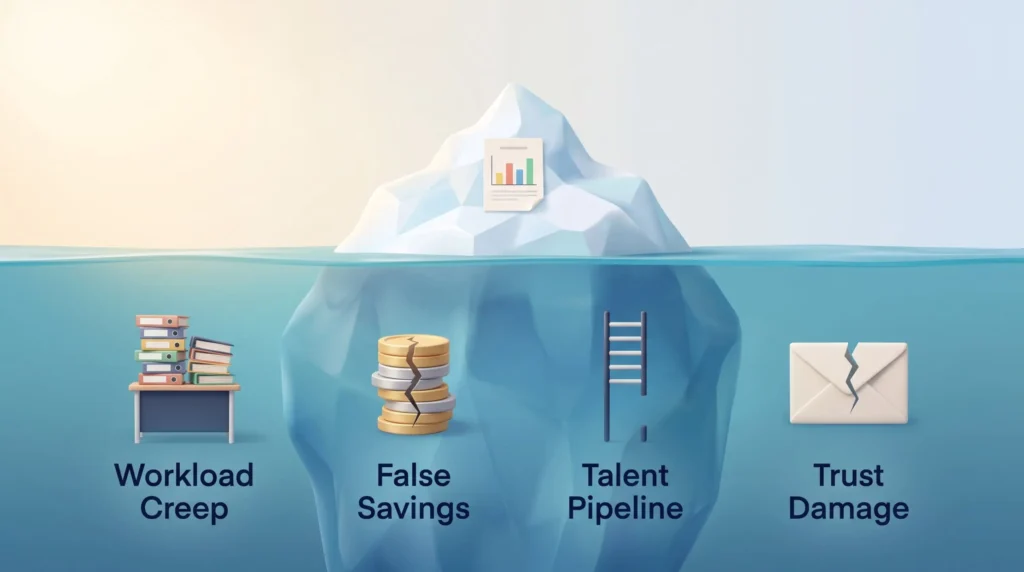 Iceberg with a budget sheet on its tip and hidden risks below the waterline: workload creep, false savings, talent pipeline and trust damage.