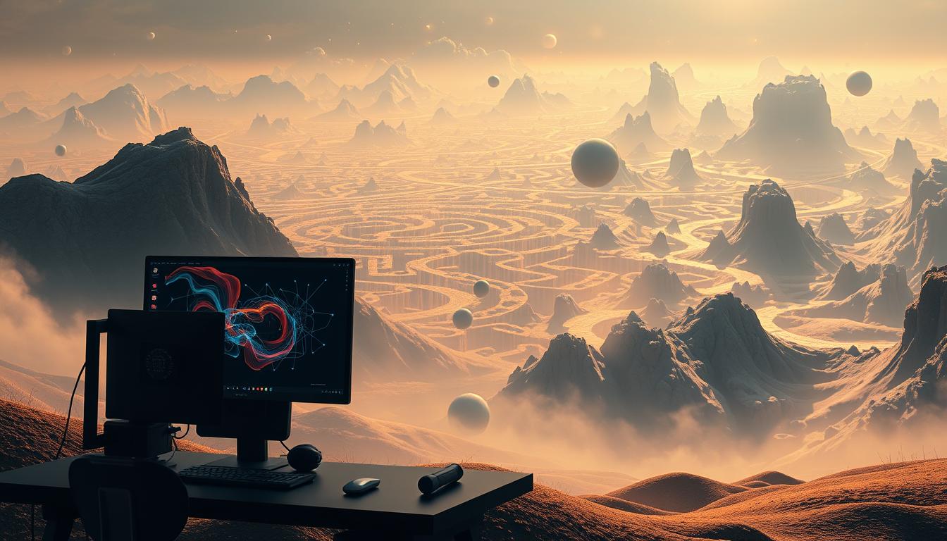 Dual-monitor desk on a rocky ledge overlooking a surreal golden desert with floating planets