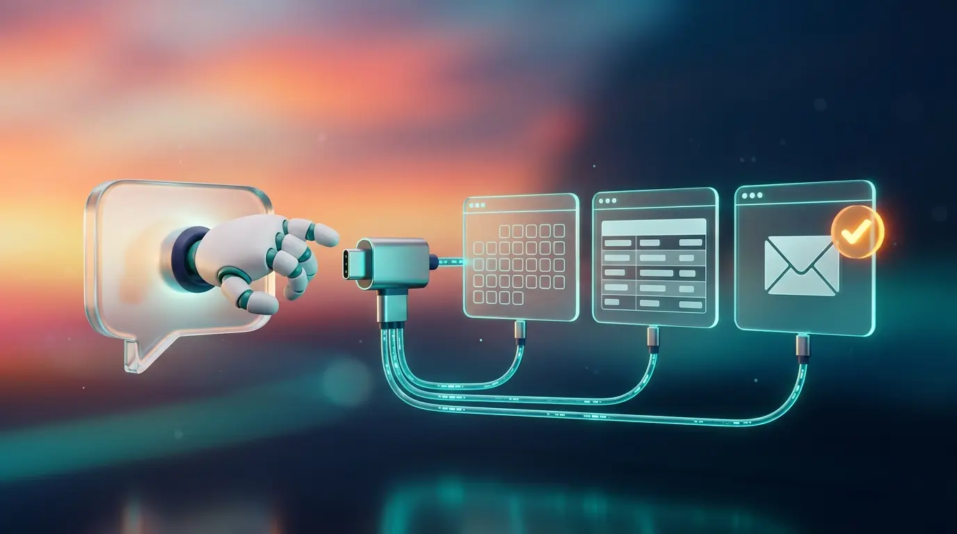 Robotic hand reaching from a chat bubble toward calendar, database and email windows connected by cables to a USB-C style hub, illustrating an AI agent using tool calling and the Model Context Protocol