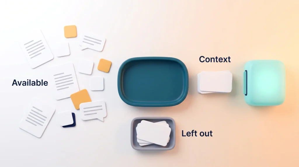 Context engineering shown as sorting available documents, chats and tool results into a small ordered context stack for the model, with the rest left out
