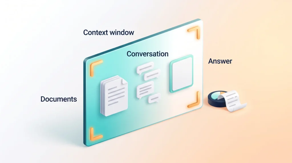 Context window frame holding documents, the conversation and the answer, with a meter printing a receipt for every token it contains