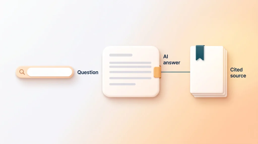 A search question leads to an AI answer whose citation tab links to your content as the cited source, the goal of generative engine optimization