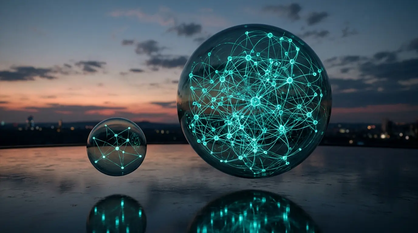 3D illustration of a large glass sphere filled with a dense glowing neural network next to a much smaller sphere with a simple network, representing a frontier model and a small language model