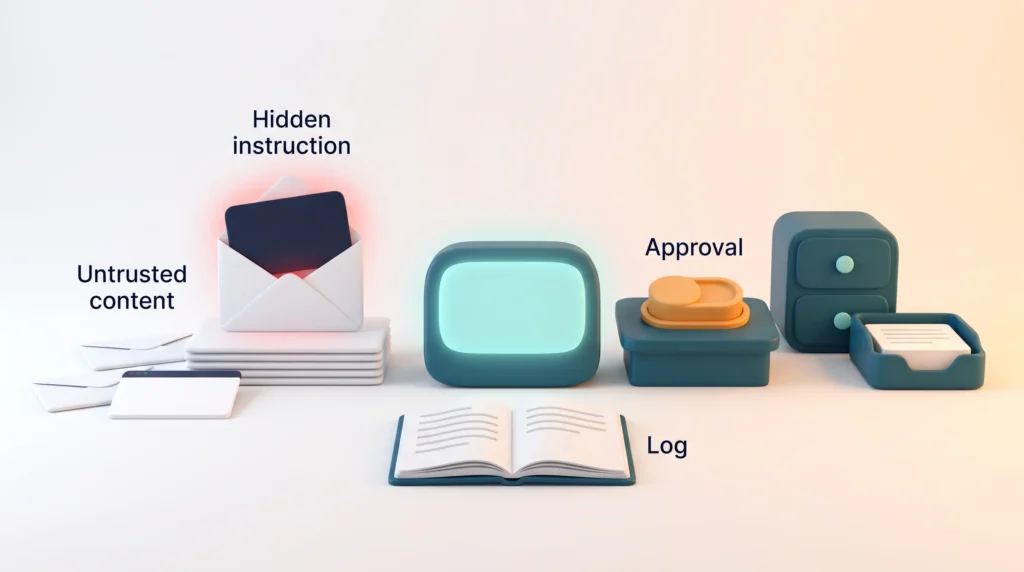 Prompt injection hidden in untrusted email content reaches an AI agent, with an approval switch before company systems and a log of every action