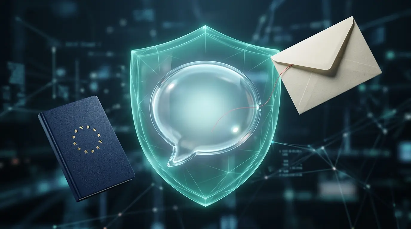Glass chat bubble behind a translucent teal shield with a red thread from an approaching envelope slipping through a gap, next to a navy rulebook with EU stars, symbolizing prompt injection, AI guardrails and the EU AI Act