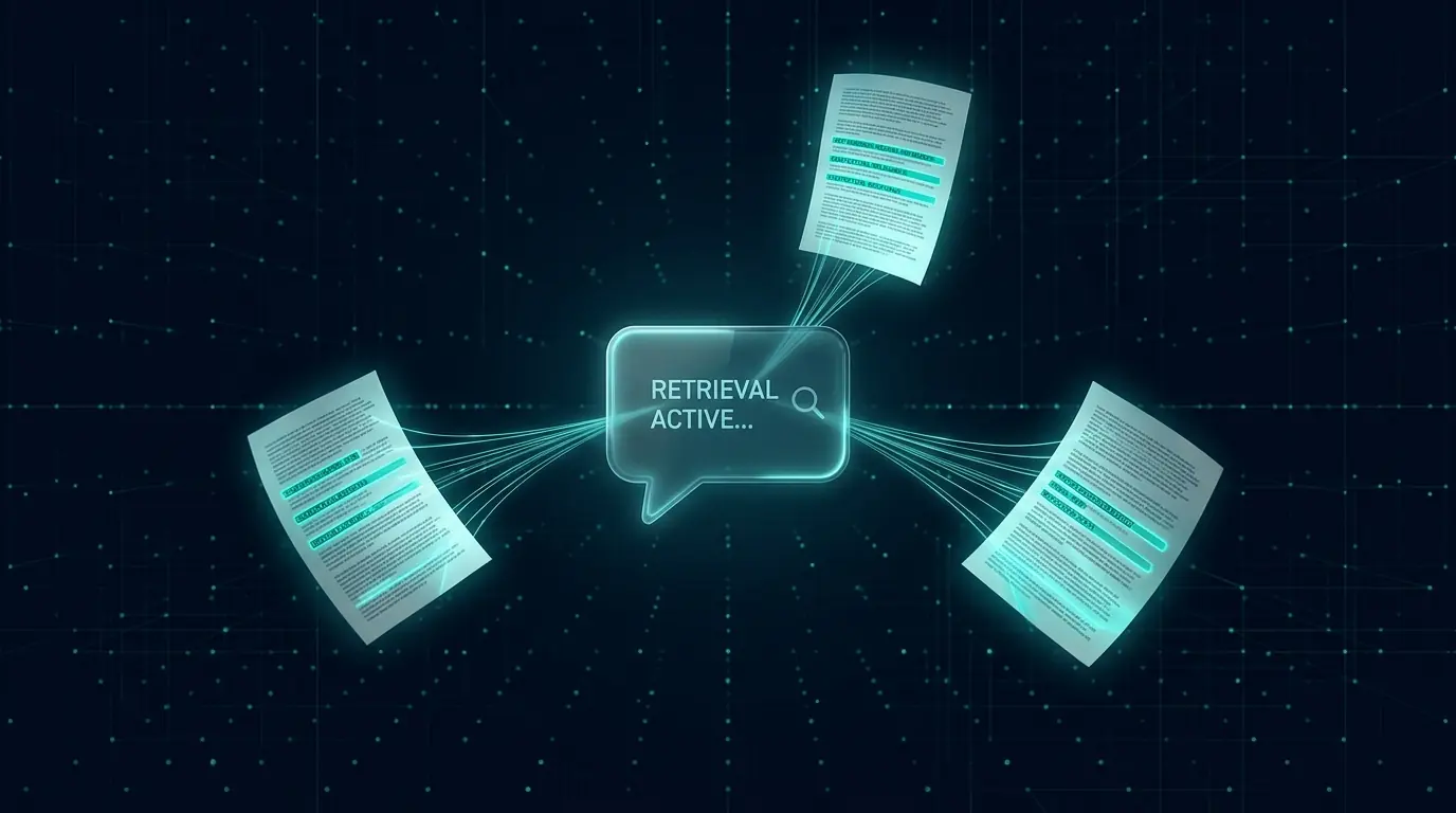 Three documents with highlighted passages feeding light threads into a central chat bubble, illustrating how retrieval augmented generation pulls relevant text into an AI answer