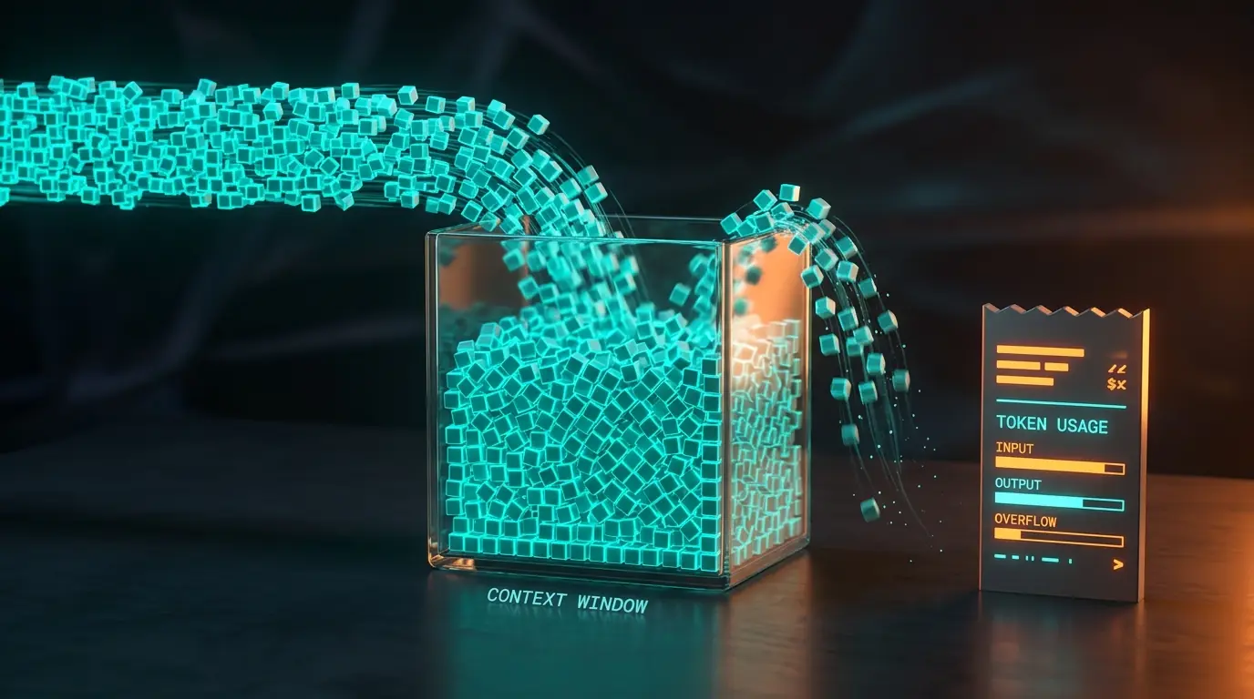 Stream of glowing token cubes filling a glass container labelled context window, with excess cubes overflowing, beside a receipt showing input, output and overflow token usage
