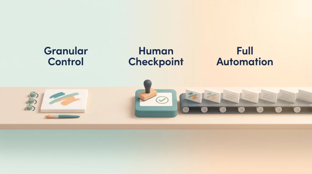 Creative Control vs Full Automation Creative process spectrum from granular control with a brush and dials, through a human checkpoint stamp, to full automation on a conveyor.