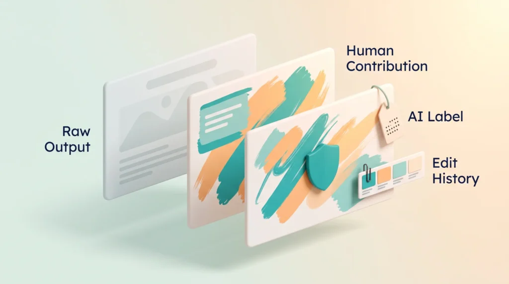 AI Copyright Layers and Labelling Exploded artwork with pale raw output behind protected human contribution layers, an AI label tag and an edit history strip for AI copyright.