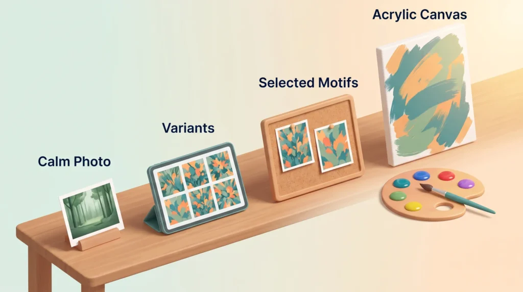 Artist Workflow From Prompt to Canvas Artist workflow on a studio table from a calm forest photo to generated variants, selected motifs and a finished acrylic canvas with palette.