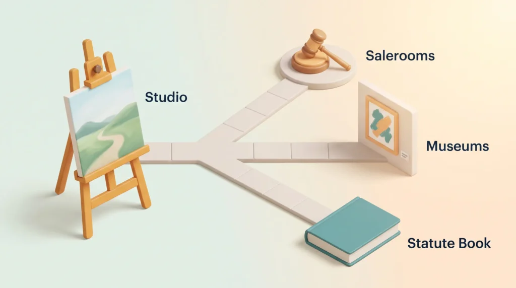 AI Art From Studio to Salerooms Studio easel branching to an auction gavel, a museum wall and a statute book, showing where AI in creative work now stands.