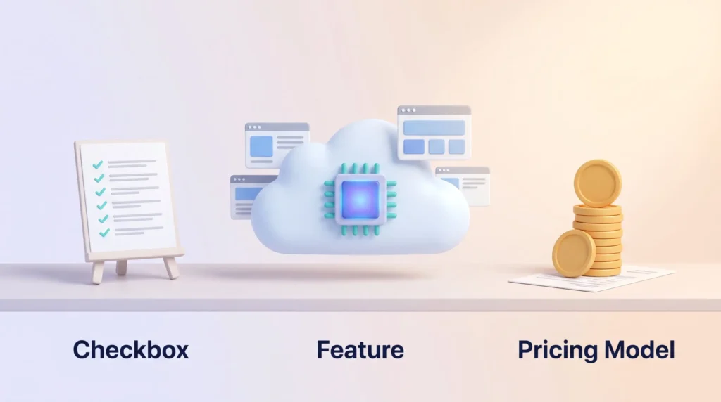 AI in SaaS Evolution AI in SaaS evolving from a checkbox on a comparison sheet to a cloud feature with a glowing chip to a pricing model with credit tokens