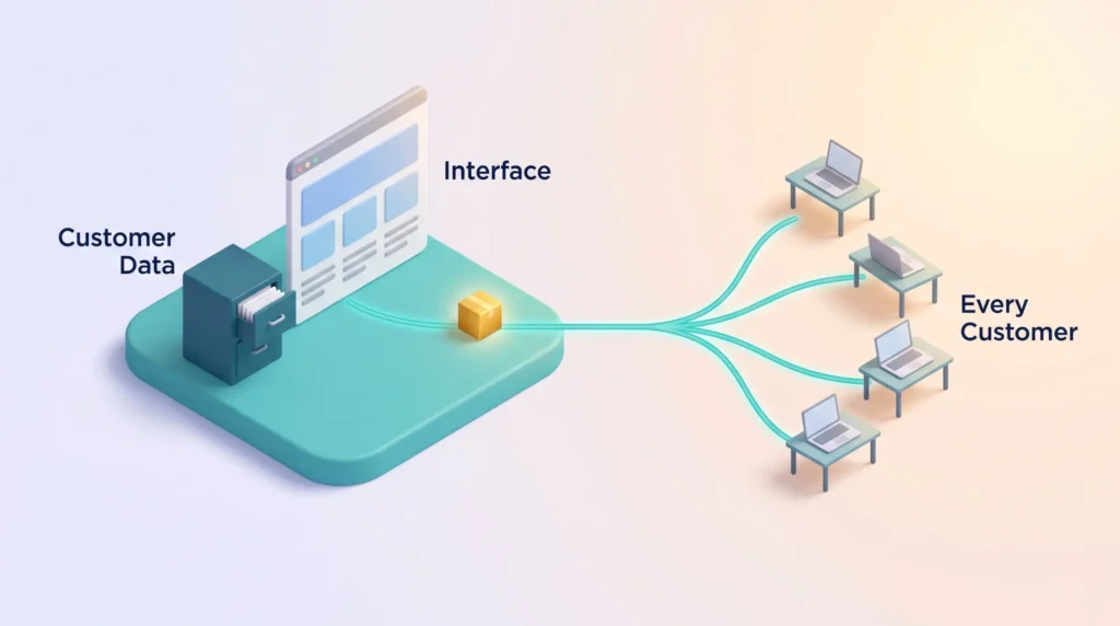 SaaS Vendor Data and Interface Advantage SaaS vendor platform holding customer data and the interface, sending one AI improvement along branching paths to every customer at once
