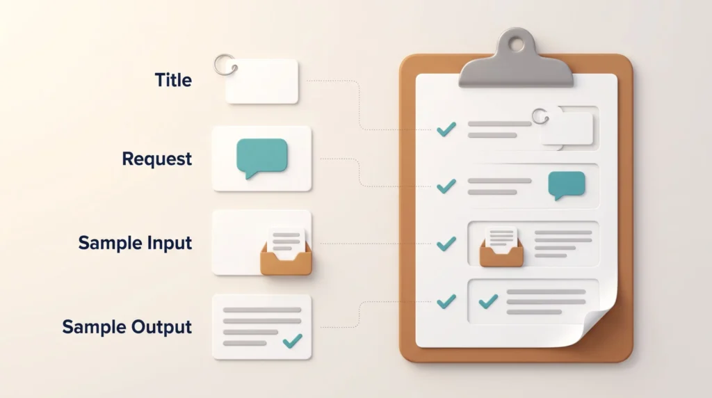 Anatomy of a Prompt Entry Reusable prompts entry on a clipboard assembled from four parts: title, request, sample input and sample output