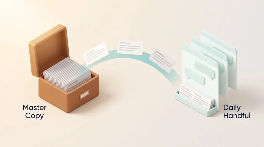 Master Copy and Daily Handful Prompt management hybrid: a file box holds the master copy of all prompts while a daily handful is mirrored into the AI assistant