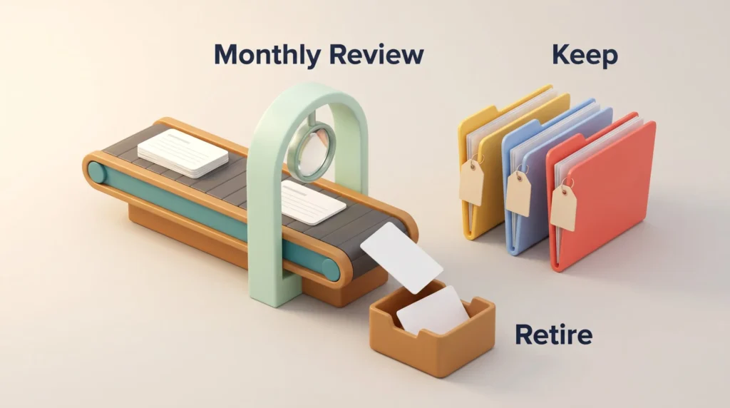 Monthly Prompt Library Review Organize prompts with a monthly review: entries pass a review station, kept ones go to tagged folders and the rest are retired to a box