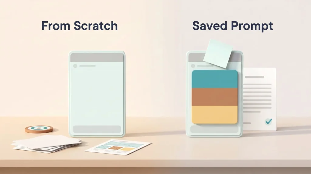 Saved Prompt Versus Starting From Scratch AI prompt library comparison: from scratch the goal, context and format lie loose, while a saved prompt holds them and only new notes are added