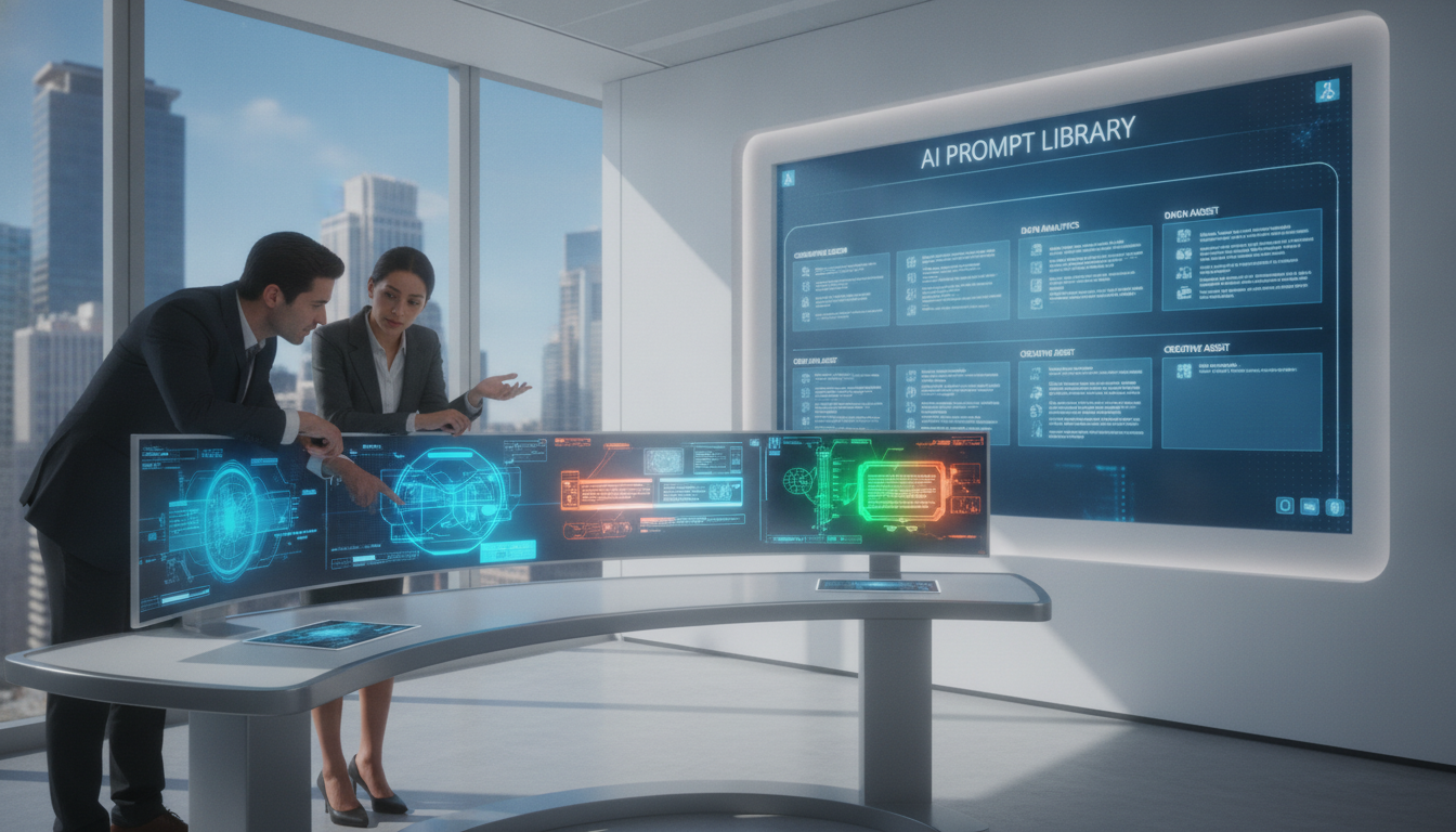 Two colleagues in a modern office beside monitors, with a wall display headed AI Prompt Library