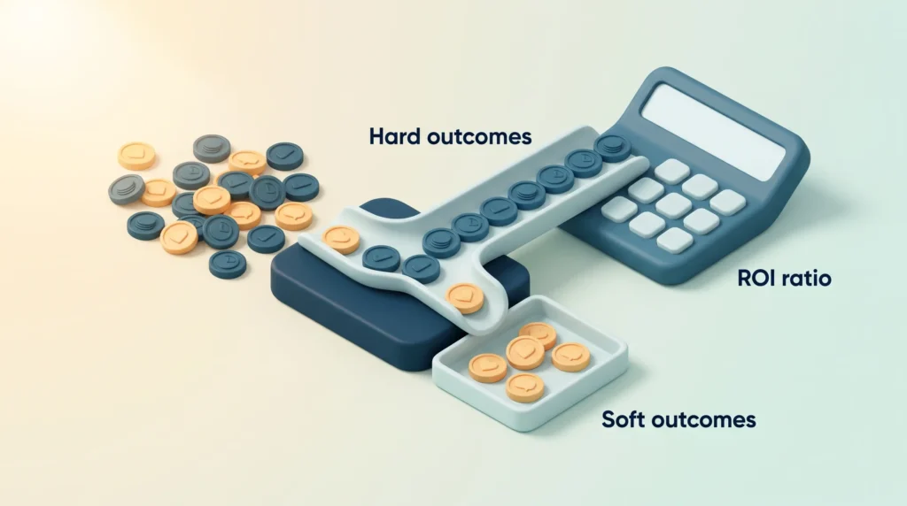 AI ROI measurement sorting station sending hard outcomes into the ROI ratio calculator while soft outcomes drop into a separate tray