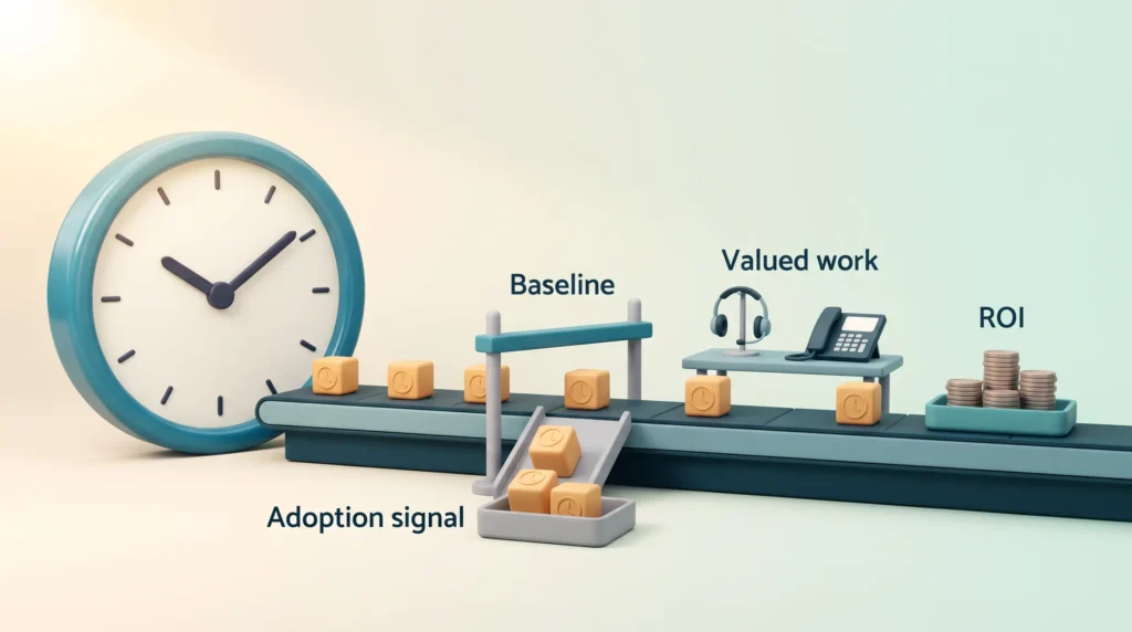 Hours saved checked against a baseline, with unverified hours set aside as an adoption signal and the rest turned into ROI through valued work