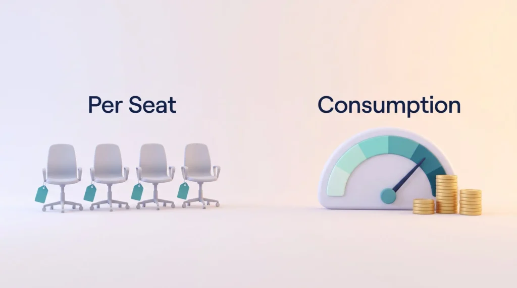 AI SaaS Pricing Per Seat vs Consumption AI SaaS pricing shifting from per seat chairs with fixed price tags to a consumption gauge beside credit token stacks of varying height