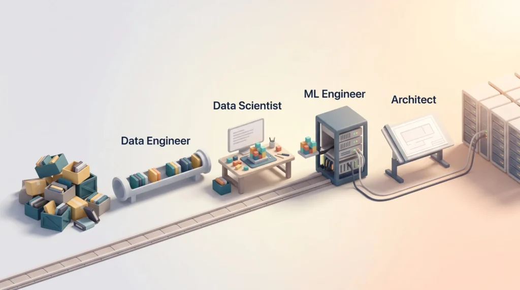 AI Team Composition Core Roles AI team composition shown as a workflow where data engineer, data scientist, ML engineer and architect each hand the work to the next station.