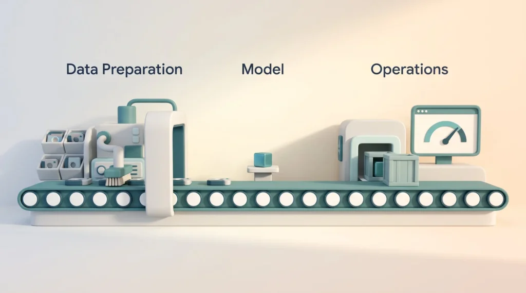 MLOps Delivery Pipeline From Data to Operations Delivery pipeline on a conveyor where the data preparation and MLOps operations stations dwarf the small model station in the middle.