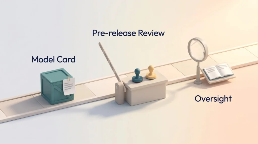 AI Governance Pre-release Review AI governance checkpoint where a model crate with its model card passes a pre-release review with two sign-off stamps before ongoing oversight.
