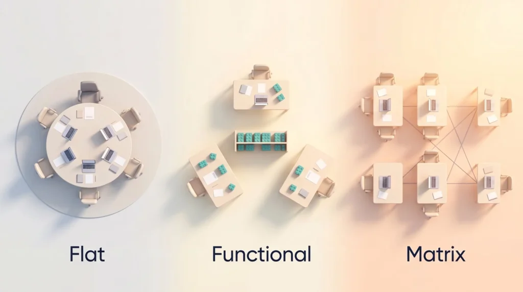 Flat Functional and Matrix AI Operating Models AI operating model comparison: a flat team at one table, a functional setup sharing central components, and a matrix of shared specialists.